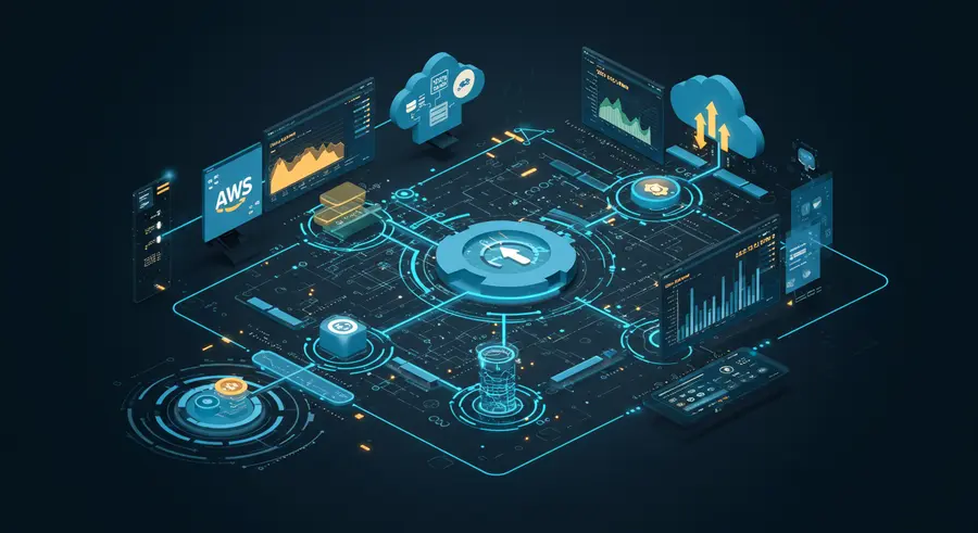 Abstract representation of AIOps monitoring and optimizing cloud infrastructure, with data flowing seamlessly between various cloud services, showing efficiency and scalability.