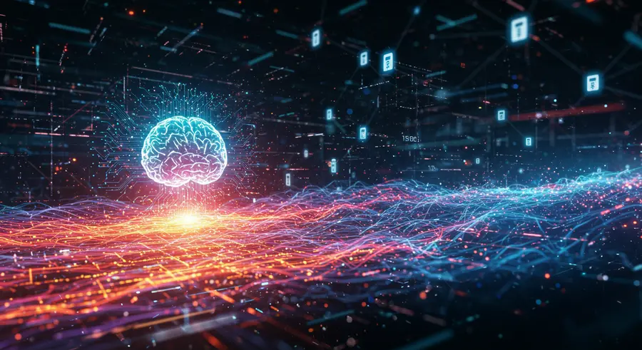 Abstract representation of AI transforming IT operations data streams, now showing Big Data influence